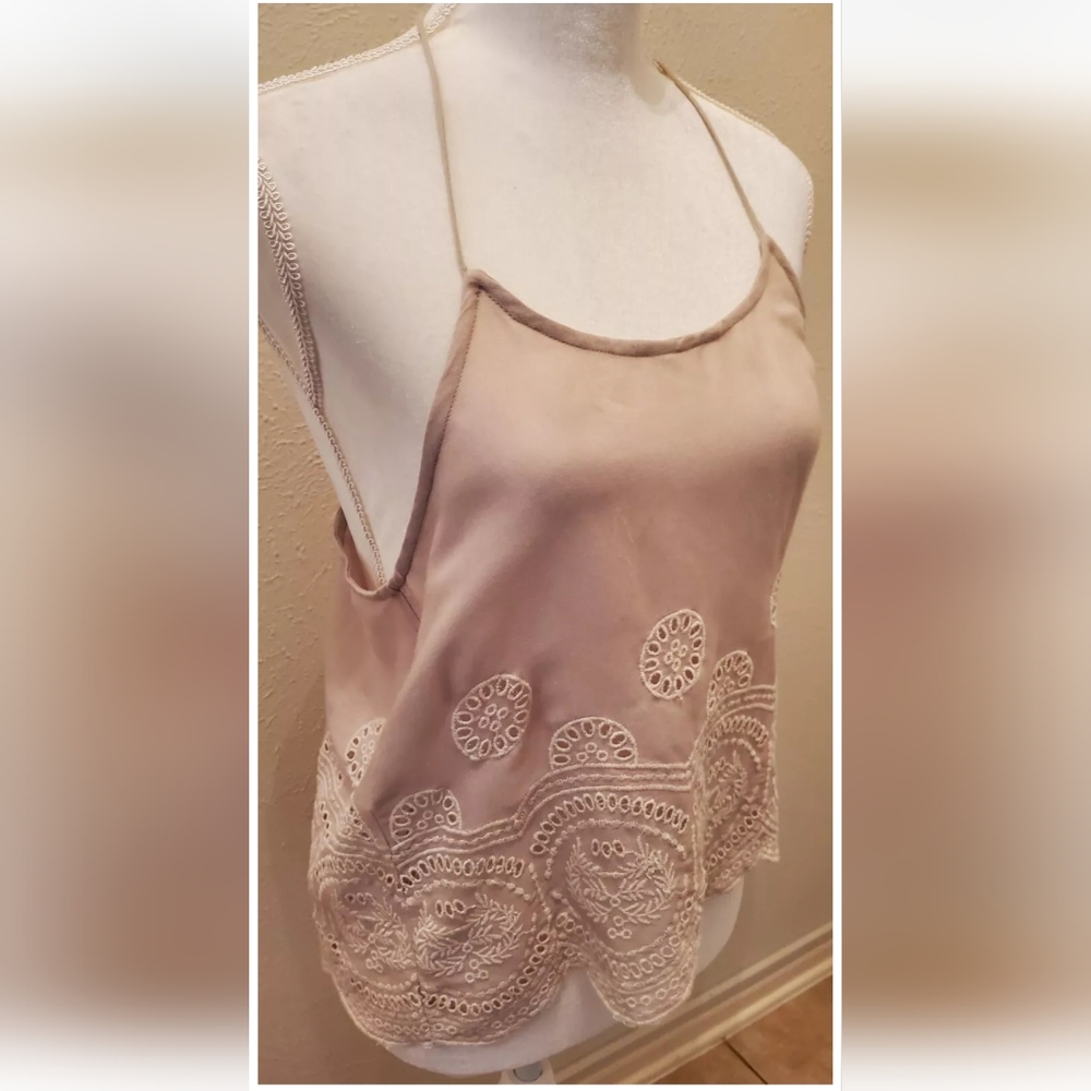Boho Beige Halter Top Embroidered Lace Hem Small NWOT Festival Summer